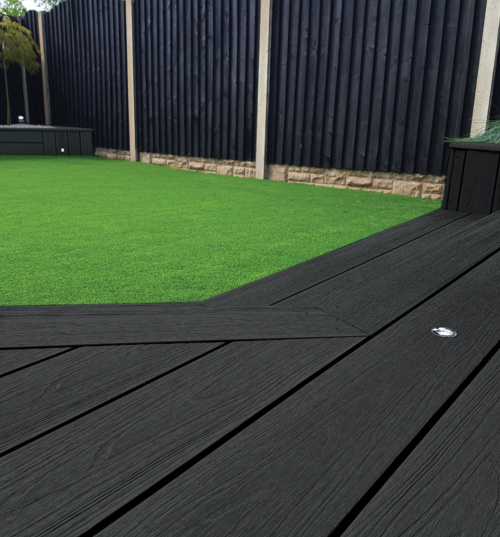 Anthrasite Black Composite Decking Swatch With Green Grass and Black Fences